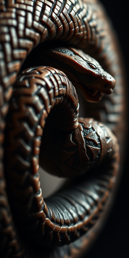 Create a high-resolution image of a stylized ouroboros with the serpent consuming its tail, using a DSLR camera with a 50mm lens, aperture set to f/1.8, ISO 200, and soft lighting to enhance details and texture in a close-up view.