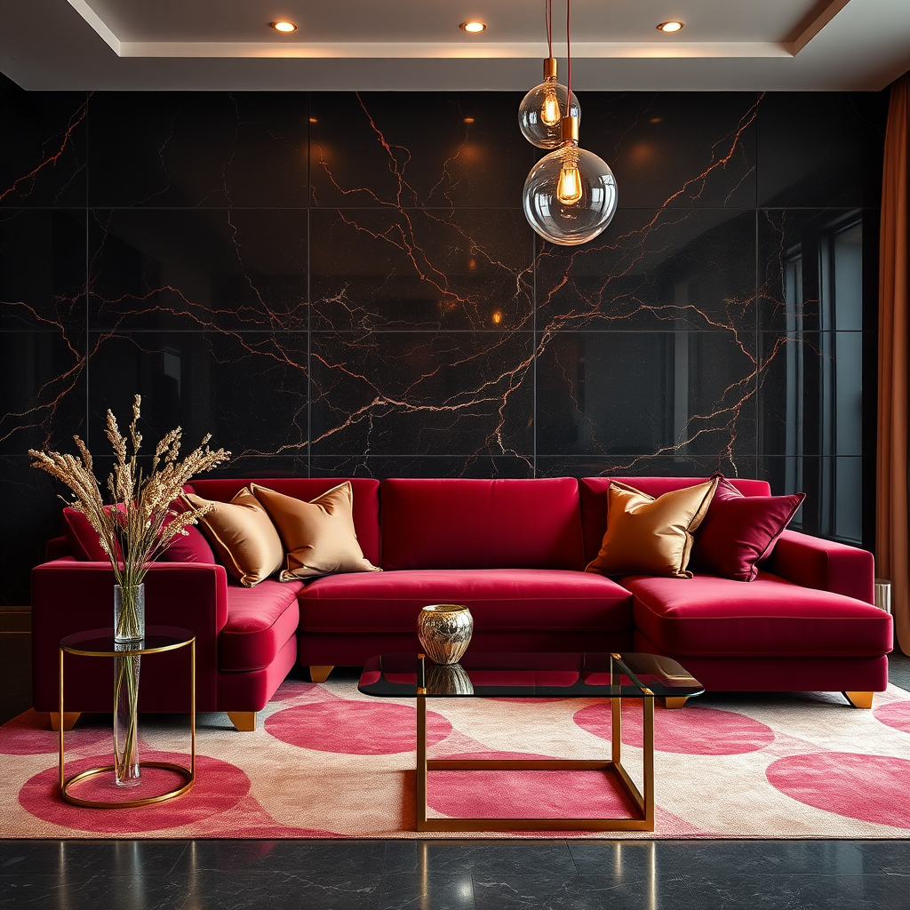 interior of a modern living room with a luxurious burgundy velvet sectional sofa, gold accents and decorative pillows, a stylish glass side table with a vase of dried flowers, a dark marble wall with red and gold veining, dim warm lighting from hanging glass pendant lights, DSLR camera, aperture f/1.8, ISO 100, 50mm lens, shot from a slightly elevated angle to capture the depth and elegance of the scene