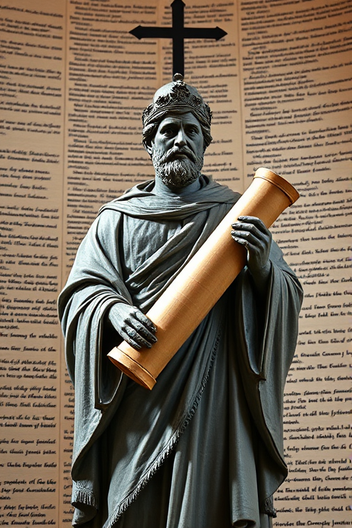 Create an image of a statue of a historical figure holding a scroll in a church setting with ancient manuscript text as the background, using a DSLR camera, 50mm lens, f/1.8 aperture, ISO 100, and natural light to enhance the depth and detail.