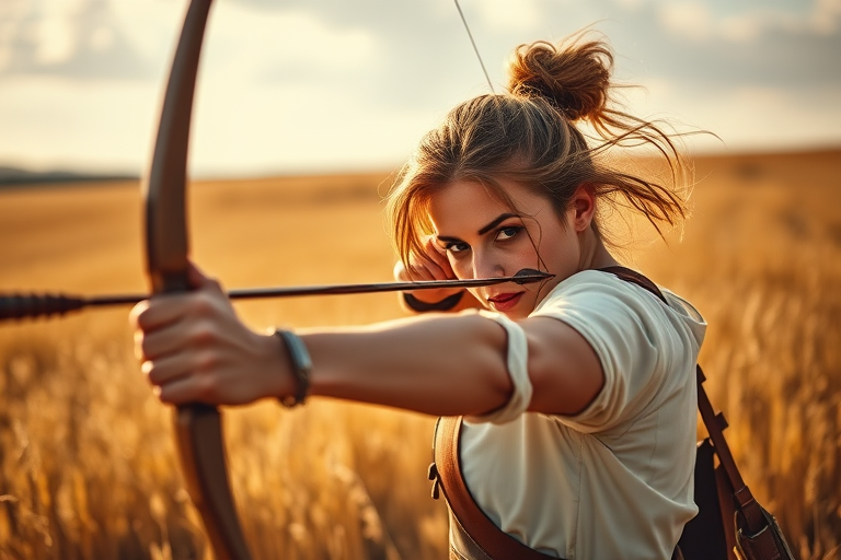 Create an image of a fierce female archer in a golden field aiming an arrow with determination, using a Canon EOS R5 camera, 85mm lens, f/1.8 aperture, ISO 100, natural light for a cinematic and vibrant look.
