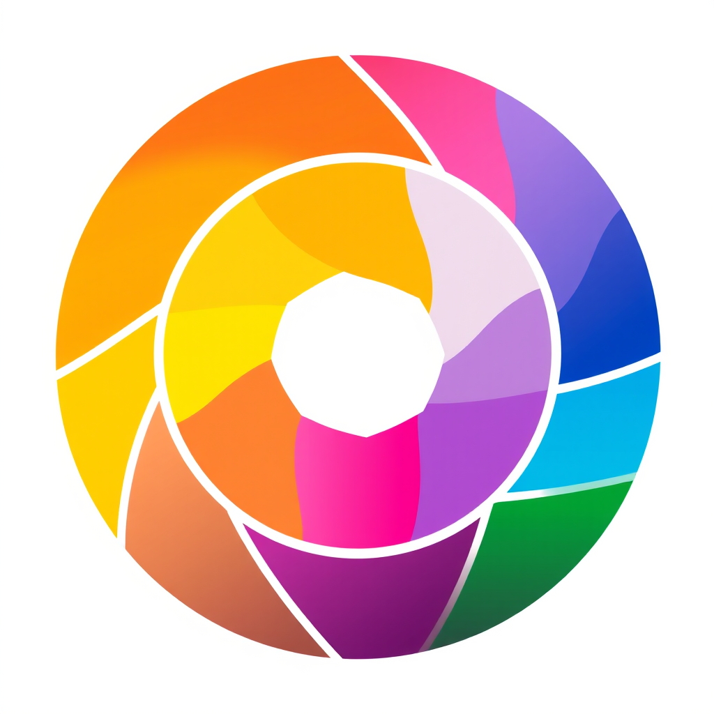 Create a vibrant circular logo resembling a camera aperture with segments in gradient colors (yellow, orange, red, pink, purple, blue, green) against a clean white background, camera type: DSLR, camera style: macro, camera settings: f/2.8, shutter speed 1/200s, ISO 100, camera view: top-down.