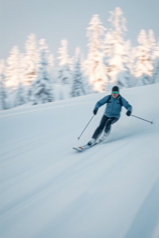 Blurry action shot of a skier racing down a snowy slope, soft focus on the distant snow-covered trees, with a feeling of speed and adrenaline filling the air.