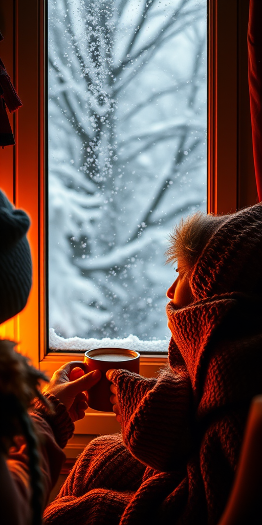 Warmly lit image of a couple sipping hot cocoa by a snow-covered window, soft glow from a nearby fireplace casting warm shadows, with snowflakes gently falling outside.