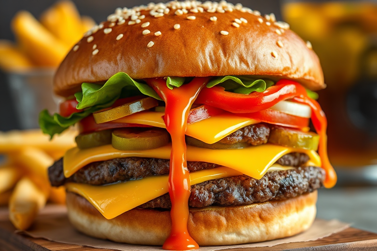 High-resolution, close-up image of a gourmet double cheeseburger. The burger features a glossy, sesame-seed-topped brioche bun. Inside, there are two thick, juicy beef patties, each topped with melted cheddar cheese. The burger is garnished with fresh lettuce, tomato slices, diced onions, and pickles. A generous amount of ketchup and a creamy, orange-colored sauce is dripping down the sides, adding to the mouth-watering appeal. In the background, there are blurred elements including a side of golden French fries and a hint of a beverage, enhancing the overall presentation of a delicious meal.