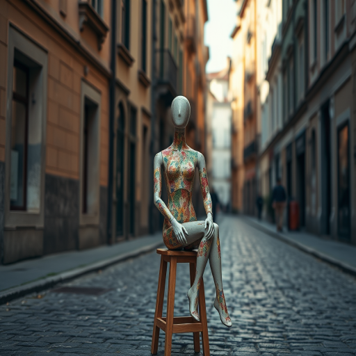 Create an artistic scene of a colorful mannequin sitting on a wooden stool in a cobblestone street with historical buildings, using a DSLR camera at f/8 aperture, ISO 200, 24mm lens, soft natural lighting, and a shallow depth of field to enhance image quality.
