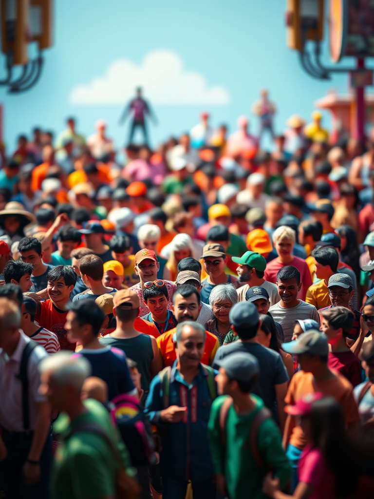 Create a vibrant and colorful pixel art scene featuring a diverse crowd of characters in various poses and interactions, captured with a Canon EOS R5, 35mm lens at f/8, ISO 100, with a focus on sharpness and depth, using a flat lay perspective to enhance the overall composition.