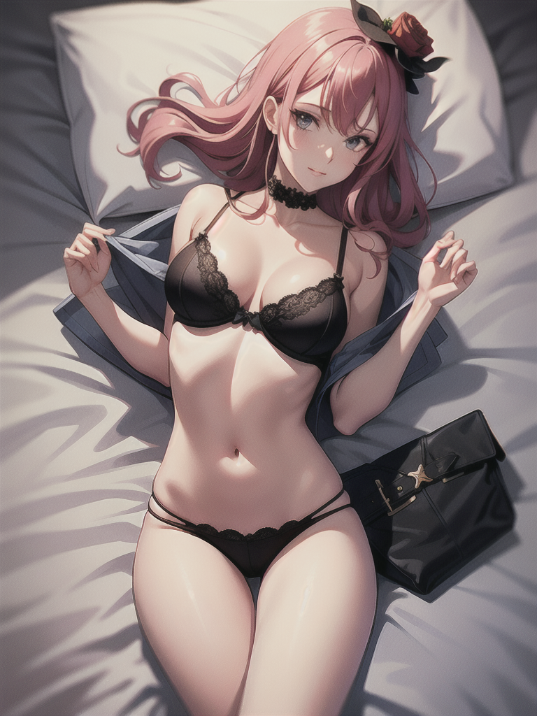 one piece anime perona taking off her lace bra laying on bed face down legs spread