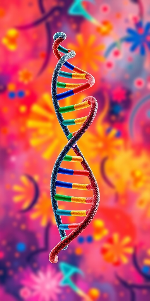 Create a 3D rendering of a colorful DNA double helix on a vibrant abstract background, using a DSLR camera with a 50mm lens, aperture f/1.8, ISO 100, at a focal length of 50mm, with soft natural lighting to enhance details and colors.