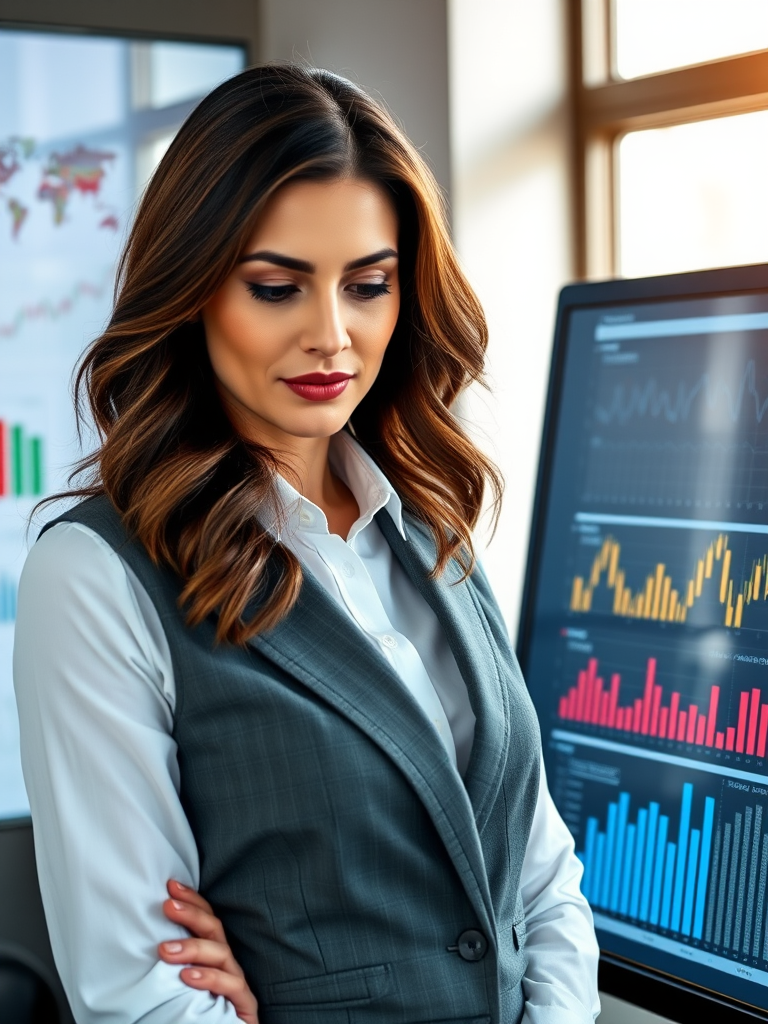 Create an image of a professional woman in business attire analyzing data on a large screen with colorful graphs and charts, shot with a Canon EOS R5, 24mm lens, f/2.8 aperture, ISO 200, in natural light from a window, in a modern office environment.