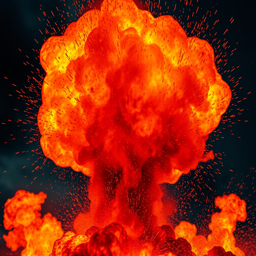 create a high-resolution image of a vibrant explosion with fiery orange and yellow hues, using a DSLR camera with a 50mm lens, aperture set to f/2.8, shutter speed at 1/1000s, ISO 200, capturing the scene in a close-up view with high dynamic range to enhance the details of the flames and sparks