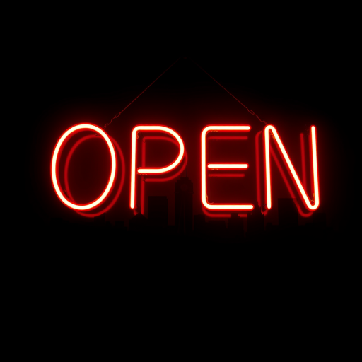 regenerate a neon "OPEN" sign glowing against a dark background with a city skyline silhouette, shot with a DSLR camera, 50mm lens, aperture f/1.8, ISO 100, 1/60 sec exposure, in low light conditions.