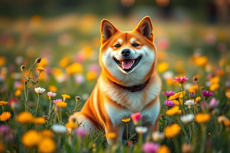 Generate a high-quality image of a Shiba Inu sitting in a field of flowers, smiling joyfully, captured with a Canon EOS R5, 50mm lens, aperture f/1.8, ISO 100, at golden hour for soft lighting and vibrant colors.