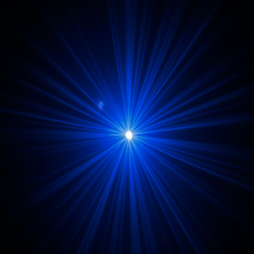 Create an abstract image of a bright blue light source radiating beams in a dark space with a high dynamic range, using a Canon EOS R5, 24mm lens, aperture f/8, ISO 200, and 1/100 sec exposure time for enhanced clarity and detail.