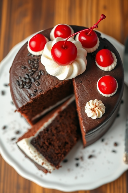 Create a realistic illustration of a chocolate cake with a slice removed, topped with white frosting and red cherries, photographed from a top-down view using a DSLR camera, aperture f/2.8, ISO 100, macro lens, to enhance detail and texture.