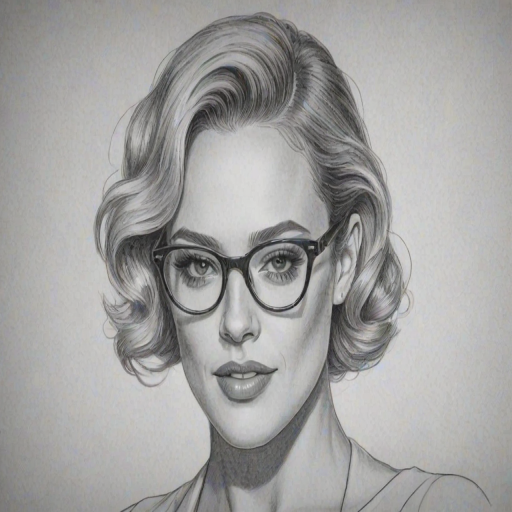 Resplendent Peta Murgatroyd, pencil sketch, portrait of Attractive woman 1942s in glasses, hair style beatnik, outline, clear lines, fine lines, 8k
