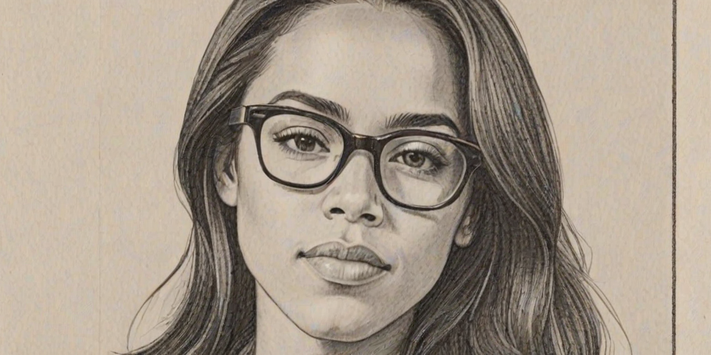 Lovely Jessica Camacho, pencil sketch, portrait of Sublime woman 1962s in glasses, hair style beatnik, outline, clear lines, fine lines, 8k