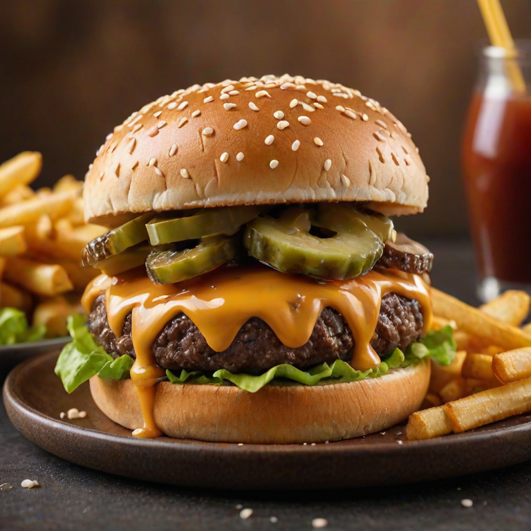 High-resolution, close-up image of a gourmet double cheeseburger. The burger features a glossy, sesame-seed-topped brioche bun. Inside, there are two thick, juicy beef patties, each topped with melted cheddar cheese. The burger is garnished with fresh lettuce, tomato slices, diced onions, and pickles. A generous amount of ketchup and a creamy, orange-colored sauce is dripping down the sides, adding to the mouth-watering appeal. In the background, there are blurred elements including a side of golden French fries and a hint of a beverage, enhancing the overall presentation of a delicious meal.