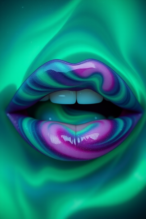 Mystical northern lights lips featuring swirling greens, purples, and blues with a subtle shimmer, capturing the ethereal beauty of the aurora borealis