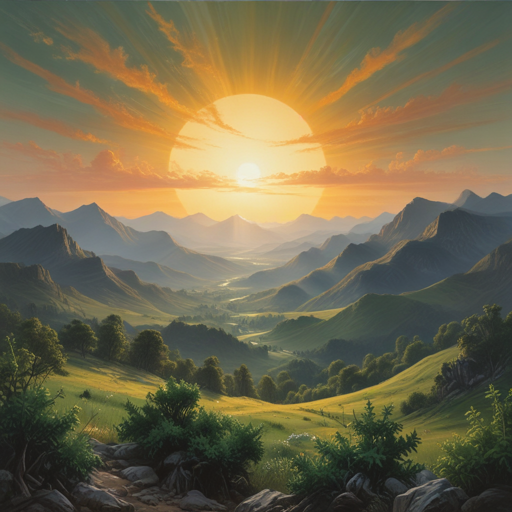 A painting of a big sun in the center, with green mountains bending ...