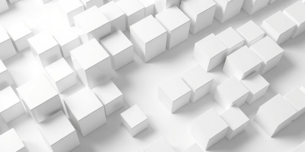 Create a high-resolution 3D render of a seamless arrangement of white cubes in varying sizes and heights on a clean white background, using a DSLR camera with a 50mm lens, aperture f/2.8, ISO 100, and a top-down view at 45 degrees to enhance depth and texture.