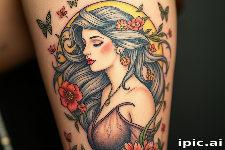 Art Nouveau-inspired tattoo named "Moonlit Serenade" depicting an elegant woman with flowing hair surrounded by whimsical flora and fauna, incorporating sinuous lines and muted color palette