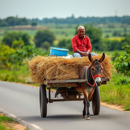 Regenerate the image of a man sitting on a cart filled with hay, being pulled by a donkey along a road with greenery in the background, shot with a Canon EOS R5, 50mm lens, f/2.8 aperture, 1/500 sec shutter speed, and ISO 100 for enhanced quality, with a slightly low angle view to emphasize the cart and the landscape.