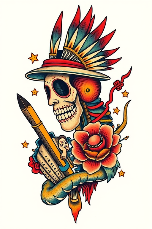 Traditional American tattoo reimagined with a modern twist, featuring bold linework and vibrant colors in a mashup of classic motifs and contemporary pop culture references