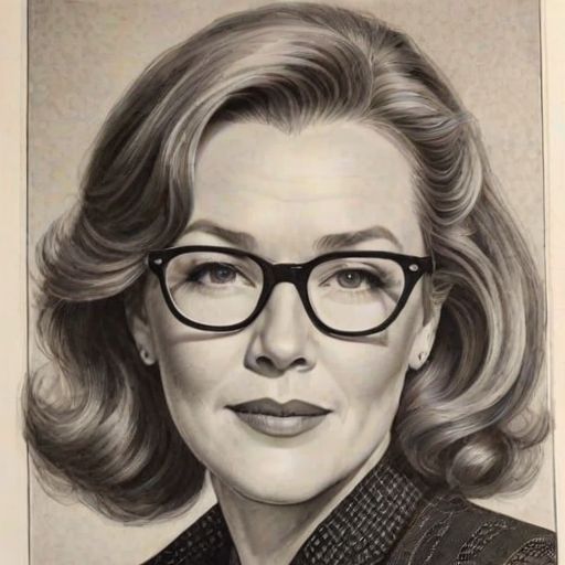 Gorgeous Catherine O'Hara, pencil sketch, portrait of Pleasing woman 1952s in glasses, hair style beatnik, outline, clear lines, fine lines, 8k