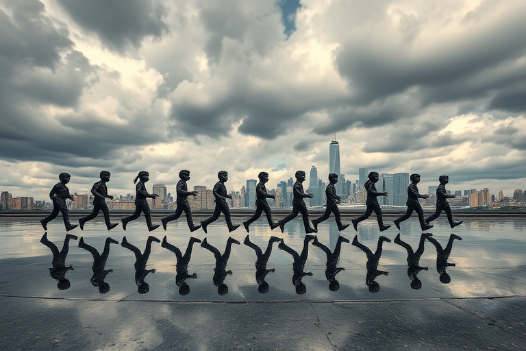 Create a surreal scene of multiple stone figurines running across a reflective surface with a city skyline in the background under a dramatic cloudy sky, captured with a DSLR camera at 24mm, f/8, ISO 200, in landscape orientation using a high dynamic range style.