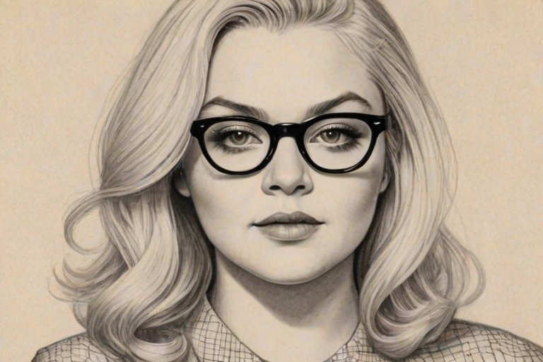 Superb Elle King, pencil sketch, portrait of Enchanting woman 1960s in glasses, hair style beatnik, outline, clear lines, fine lines, 8k