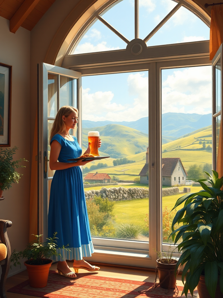 In "A Glass of Beer on the Highland," a serene scene is depicted in a sunlit room where a woman in a vibrant blue dress stands by a large window. She holds a tray with a hearty meal and a frothy glass of beer, embodying a moment of relaxation. Outside, the breathtaking highland landscape features rolling green hills and a charming traditional house, all bathed in warm afternoon light. The interior is adorned with potted plants, creating a harmonious blend of comfort and nature. The painting beautifully captures the tranquility and joy found in simple pleasures amidst stunning scenery