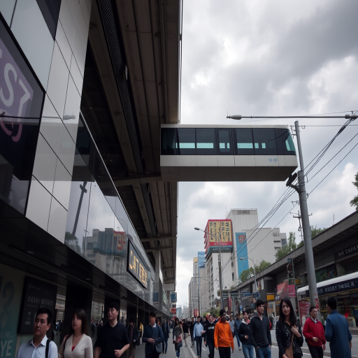 urban street scene with people walking under a monorail station, cloudy sky, focus on architecture and urban life, ISO 100, f/8, 1/250 sec, 35mm lens, wide-angle view, DSLR camera