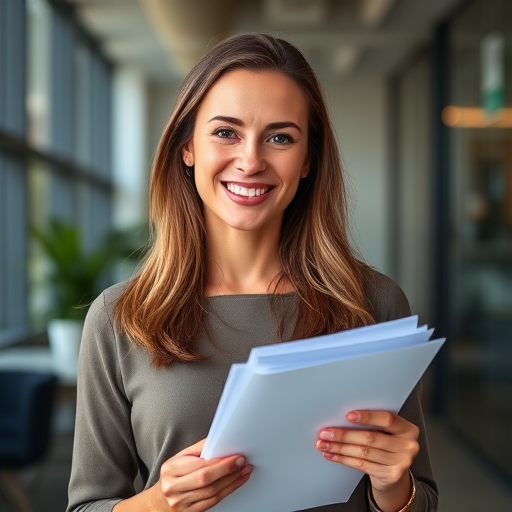 portrait of a smiling woman holding documents in a modern office setting, soft lighting, shallow depth of field, lens: 50mm, aperture: f/1.8, ISO: 200, shutter speed: 1/250s, camera type: DSLR, view: eye level, natural looking skin tones