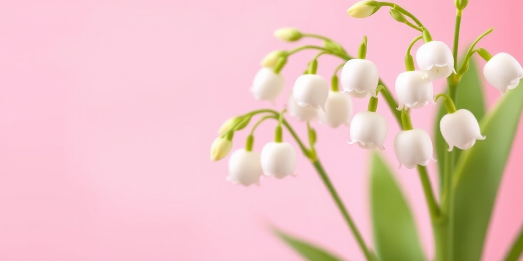 a close-up view of a vibrant digital illustration of blooming lily of the valley flowers on a soft gradient pink background, high-resolution, 50mm lens, f/2.8 aperture, ISO 100, soft focus effect, digital rendering style