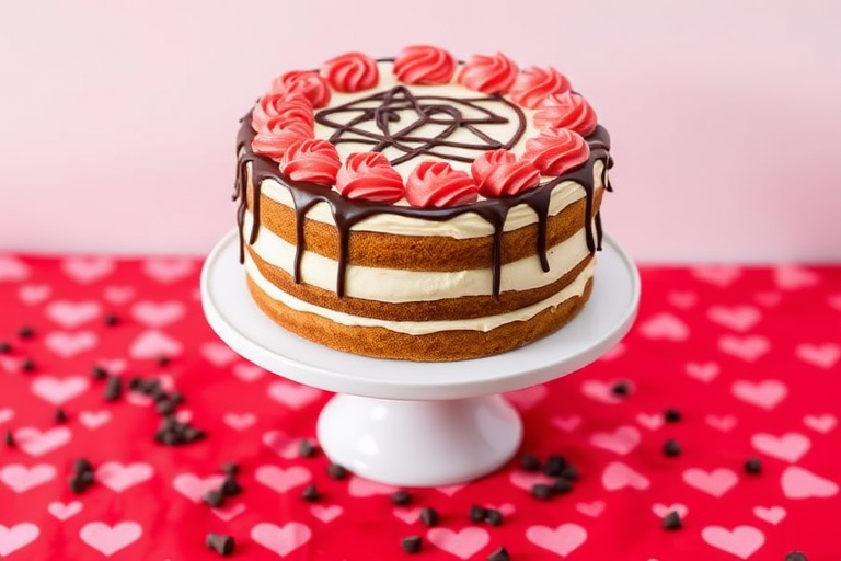 A beautifully decorated three-layer cake with red and white frosting, topped with swirls of red icing and chocolate drizzle, sitting on a white cake stand, surrounded by a red heart-patterned tablecloth and scattered chocolate chips.