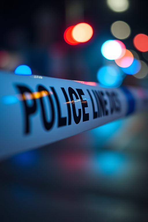 A close-up shot of a police tape saying "POLICE LINE DO NOT CROSS" illuminated by red and blue lights, captured with a DSLR camera at f/2.8, ISO 200, 1/60s shutter speed, using a lens with a bokeh effect for a dramatic background blur and low-angle view for emphasis.