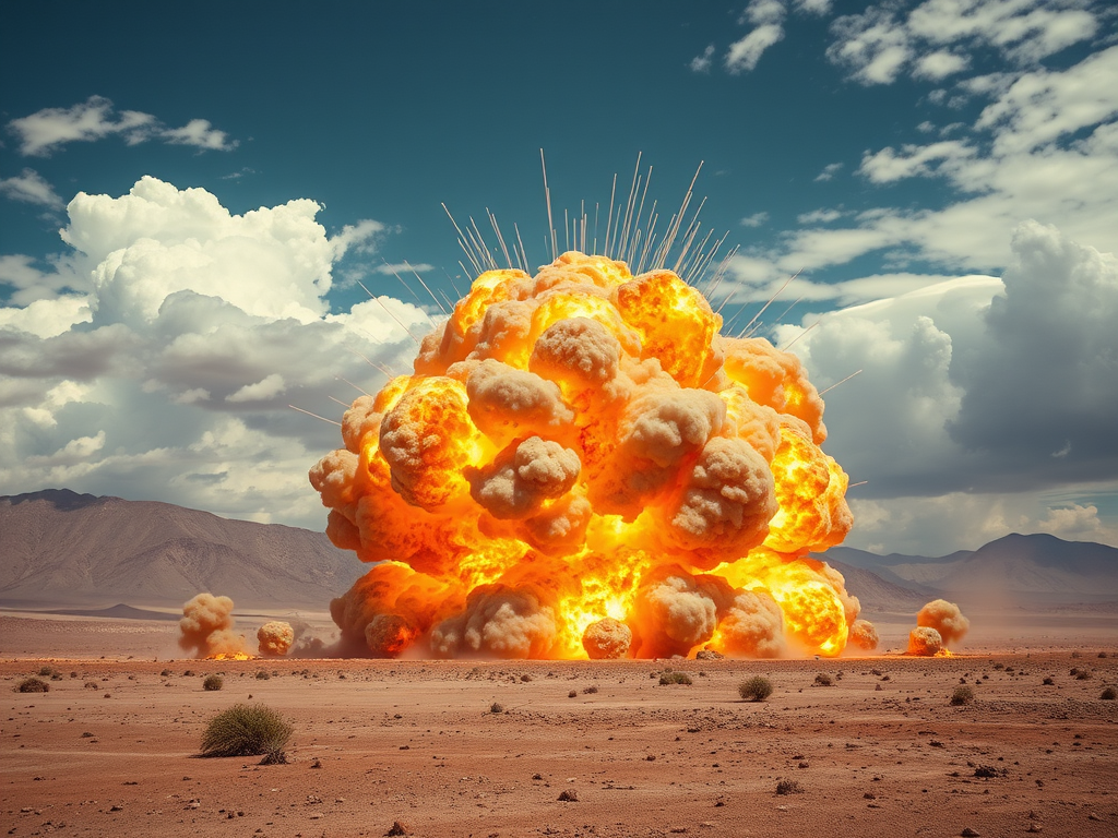 Capture a high-resolution image of a massive explosion in a desert landscape with dynamic clouds of smoke and fiery sparks, using a DSLR camera with a wide-angle lens, aperture set to f/8 for depth of field, ISO 400 for clarity, and a shutter speed of 1/500s to freeze the action, taken from a low-angle perspective to emphasize the scale and intensity.