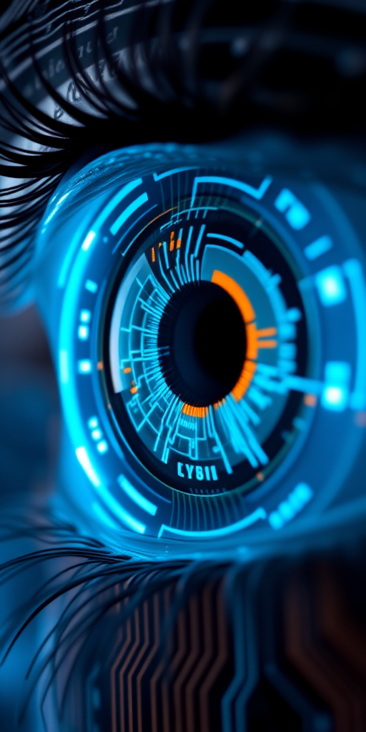 High-resolution close-up of a futuristic eye design featuring intricate digital circuits and glowing blue elements, taken with a Canon EOS R5, 50mm lens, f/1.8 aperture, ISO 100, 1/200 sec shutter speed, with a macro camera view and vibrant color enhancement for clarity.