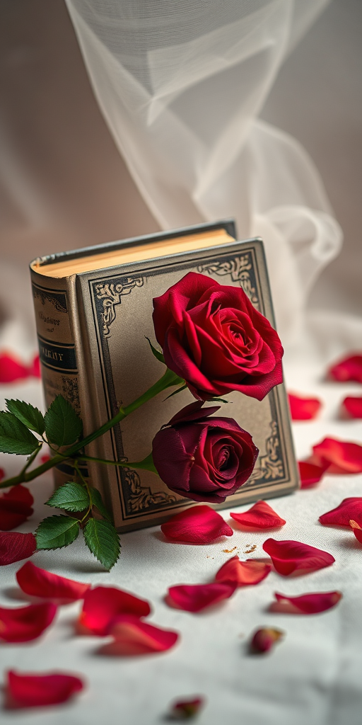 Create a still life composition featuring a closed, elegant book with a decorative cover and a deep red rose beside it, surrounded by scattered rose petals and a light mist, captured with a DSLR camera using a 50mm lens, f/1.8 aperture, ISO 100, and a soft focus background.