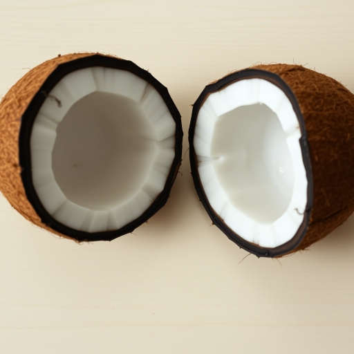 Create a high-resolution image of two halved coconuts positioned symmetrically side by side on a light wooden surface, using a DSLR camera with a 50mm lens, aperture set to f/2.8 for a blurred background, natural lighting for a soft effect, and a slight overhead view to enhance the texture of the coconut shell.
