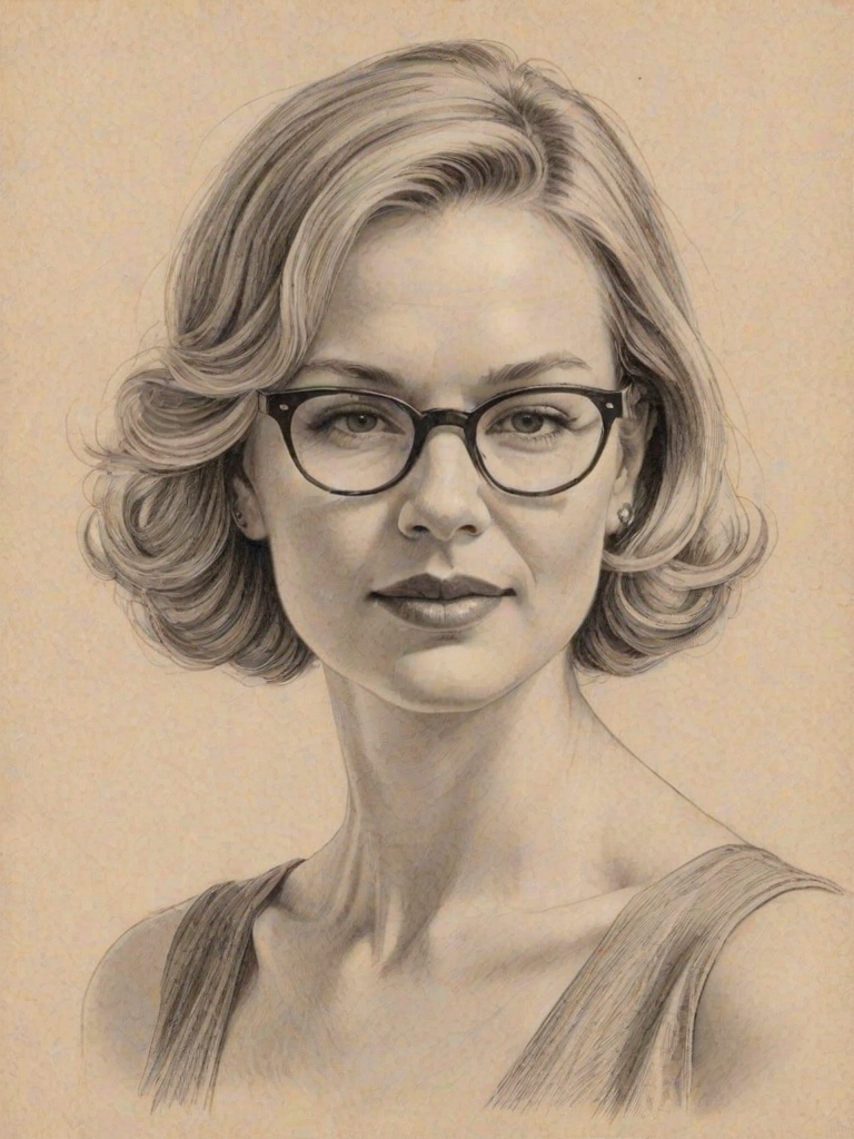 Sublime Rene' Zellweger, pencil sketch, portrait of Enchanting woman 1934s in glasses, hair style beatnik, outline, clear lines, fine lines, 8k