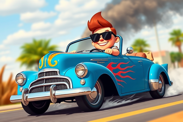 Create a vibrant cartoon image of a cheerful character with sunglasses and a floral shirt driving a vintage blue car with flames on the hood, smoke billowing from the exhaust, taken from a low angle with a wide-angle lens, using a digital camera set to high resolution with bright colors and sharp contrast.