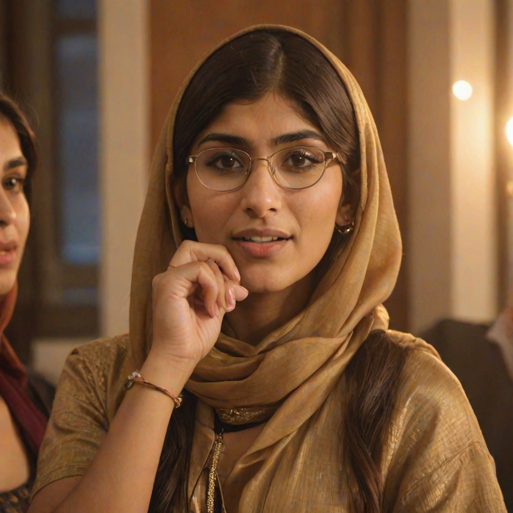 A close-up portrait of a mia khalifa with her eyes closed, singing into a microphone, positioned on the right side of the frame, facing the viewer. She is wearing a brown headscarf, gold earrings, and a brown blouse, and is bathed in warm, golden light emanating from the windows behind her. A blurred figure of a man singing into a microphone is visible in the background. The scene has a sense of calm and spirituality.