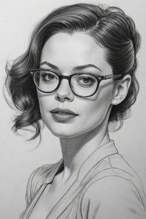 Splendid Rose McGowan, pencil sketch, portrait of Attractive woman 1940s in glasses, hair style beatnik, outline, clear lines, fine lines, 8k