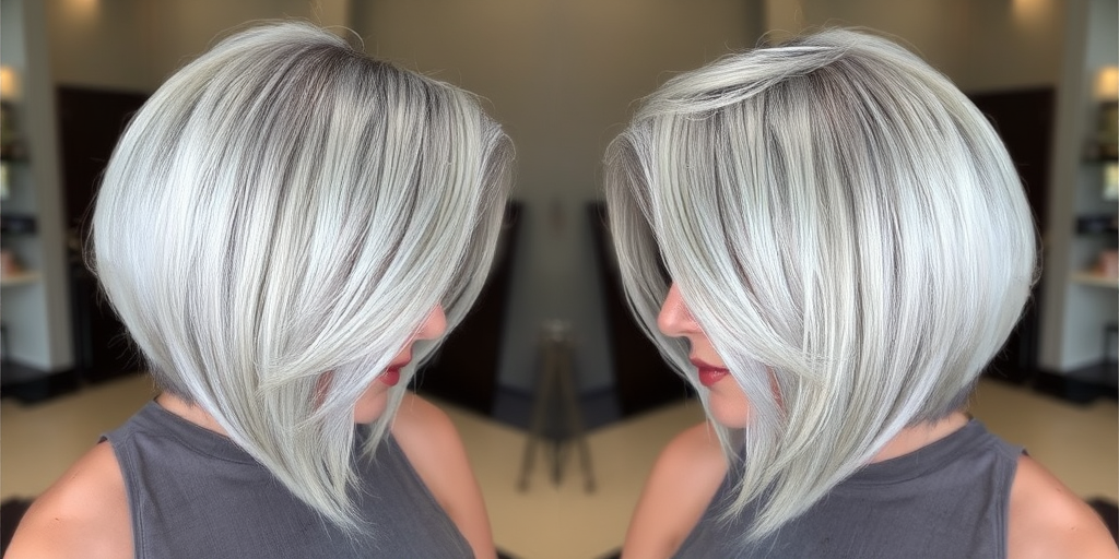 Sophisticated silver fox bob with a sleek side part, featuring icy platinum streaks and a glass-like shine for a polished and timeless look