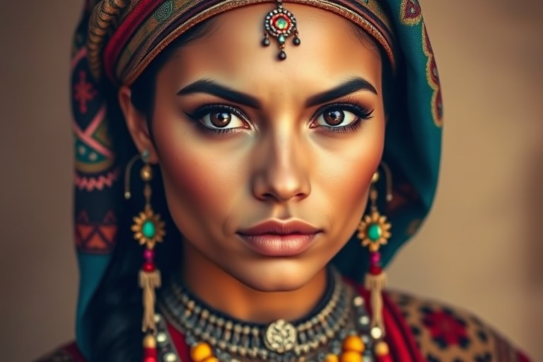 Create a portrait of a beautiful taino woman with striking black eyes and a gentle expression. She is adorned in traditional attire with intricate patterns, including a richly embroidered headscarf and matching garments. Her jewelry includes a delicate headpiece, dangling earrings, and ornate bracelets, all featuring vibrant gemstones and detailed metalwork. The background is soft and warm, enhancing the rich colors of her outfit and jewelry.
