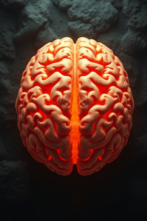 Create a highly detailed illustration of a human brain, viewed from above, using a digital painting style, 50mm lens, f/4 aperture, ISO 100, with soft lighting to enhance texture and depth.