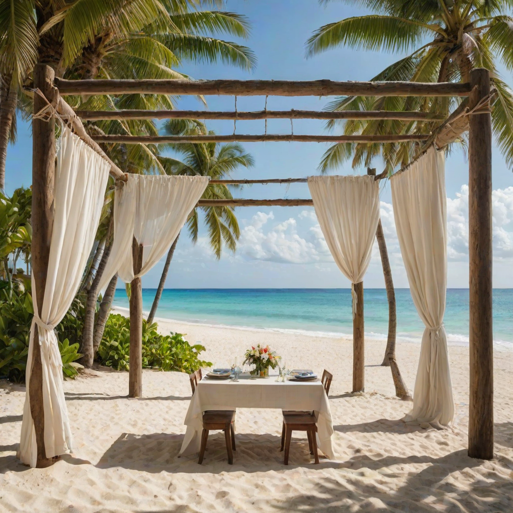 Create a picturesque tropical beach scene featuring a serene, white sandy shore. In the foreground, there's a rustic wooden canopy with white drapes gently flowing in the breeze. Underneath the canopy, a table is set with tropical decor, evoking a sense of relaxation and leisure. The beach extends into a calm, shallow water area with reflections of the sky and surroundings. Palm trees and lush greenery line the edge of the beach, providing a natural, tropical backdrop. The sky is clear with a few scattered clouds, and the overall atmosphere is tranquil and inviting, perfect for a peaceful retreat.