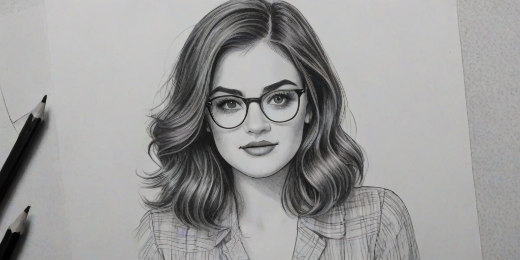 Bewitching Lucy Hale, pencil sketch, portrait of Appealing woman 1938s in glasses, hair style beatnik, outline, clear lines, fine lines, 8k