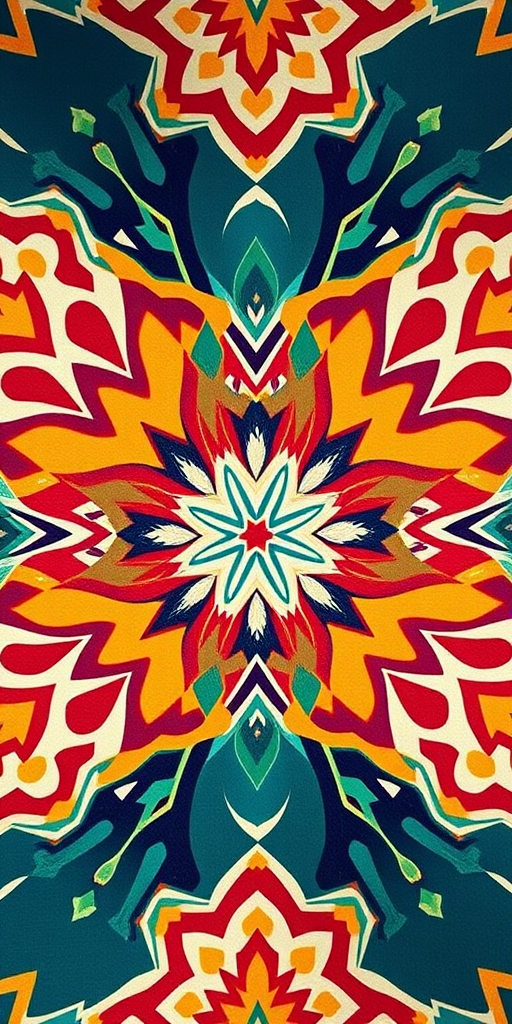 Create a high-resolution image of a stylized geometric pattern with vibrant colors and intricate designs using a Canon EOS R5, 50mm lens, f/1.8 aperture, ISO 100, shot in portrait orientation with soft natural lighting to enhance details.